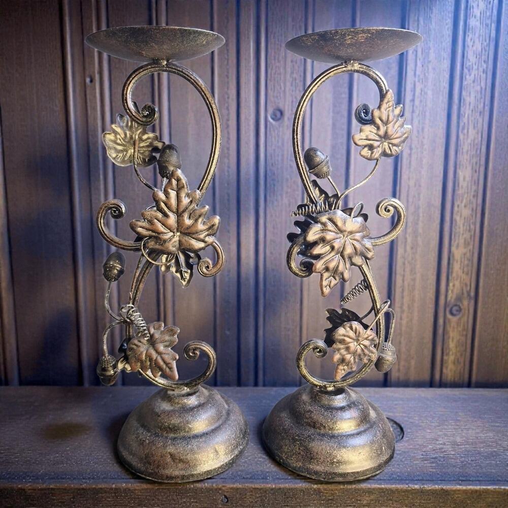 Metal Brown Leaf and Acorns 14 inch Ornate Pillar Candle Holder